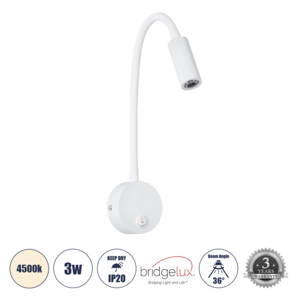 GloboStar® GOOSE 60876 Μοντέρνο Φωτιστικό Τοίχου - Απλίκα Ξενοδοχείου Bed Side LED 3W 300lm 36° AC 220-240V - Reading Light - Μ6.5 x Π15 x Υ24.5cm - Φυσικό Λευκό 4500K - Λευκό - 3 Xρόνια Εγγύηση