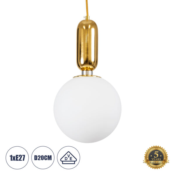 GloboStar® ESTETICO 61492 Μοντέρνο Κρεμαστό Φωτιστικό Μπάλα Μονόφωτο 1 x E27 IP20 Λευκό Γυαλί με Χρυσό Μέταλλο - Μ20 x Π20 x Υ38cm