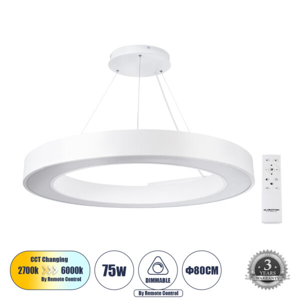 GloboStar® RA 61197 Κρεμαστό Φωτιστικό Δαχτυλίδι-Κύκλος LED CCT 75W 8250lm 120° AC 220-240V - Εναλλαγή Φωτισμού μέσω Τηλεχειριστηρίου All In One Ψυχρό 6000k+Φυσικό 4500k+Θερμό 2700k Dimmable Φ80cm - Λευκό - 3 Years Warranty