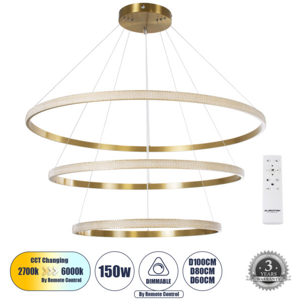 GloboStar® DIAMOND TRIO 61141 Κρεμαστό Φωτιστικό Δαχτυλίδι-Κύκλος LED CCT 150W 18379lm 360° AC 220-240V - Εναλλαγή Φωτισμού μέσω Τηλεχειριστηρίου All In One Ψυχρό 6000k+Φυσικό 4500k+Θερμό 2700k Dimmable Φ60+80+100cm - Χρυσό Βούρτσας - 3 Years Warranty