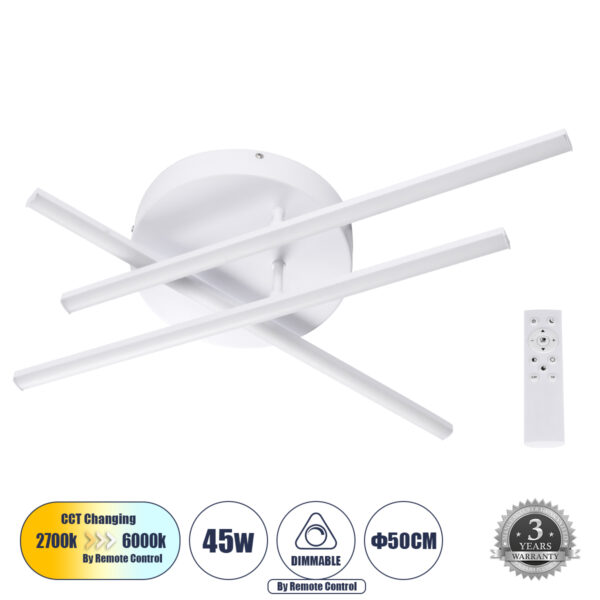 GloboStar® DRACO 61094 Φωτιστικό Οροφής Γραμμικό Linear Design LED CCT 45W 5535lm 120° AC 220-240V - Εναλλαγή Φωτισμού μέσω Τηλεχειριστηρίου All In One Ψυχρό 6000k+Φυσικό 4500k+Θερμό 2700k Dimmable Φ50 x Υ11cm - Λευκό - 3 Years Warranty