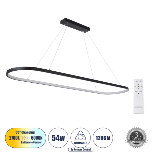 GloboStar® BOLIVAR 61271 Κρεμαστό Φωτιστικό Οροφής Design LED CCT 54W 6210lm 300° AC 220-240V - Εναλλαγή Φωτισμού μέσω Τηλεχειριστηρίου All In One Ψυχρό 6000k+Φυσικό 4500k+Θερμό 2700k Dimmable Μ120 x Π30 x Υ2cm - Μαύρο - 3 Years Warranty