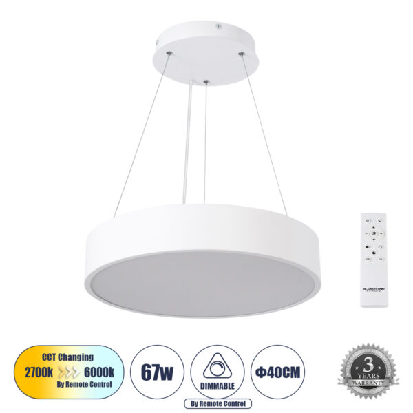 GloboStar® BURTON 61201-P Κρεμαστή Πλαφονιέρα Οροφής LED CCT 67W 7370lm 120° AC 220-240V - Εναλλαγή Φωτισμού μέσω Τηλεχειριστηρίου All In One Ψυχρό 6000k+Φυσικό 4500k+Θερμό 2700k Dimmable Φ40cm - Λευκό - 3 Years Warranty