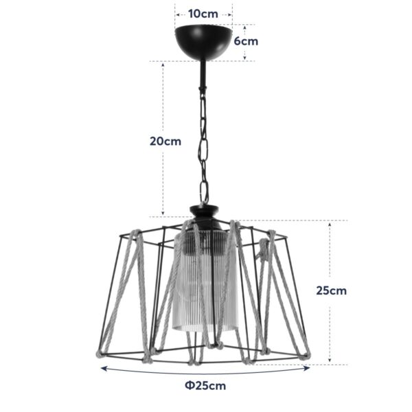 GloboStar® GATSBY 203-0007 Vintage Κρεμαστό Φωτιστικό Σχοινί Μονόφωτο 1 x E27 IP20 Μαύρο Μέταλλο με Μπεζ Σχοινί - Μ25 x Π25 x Υ25cm - Image 10