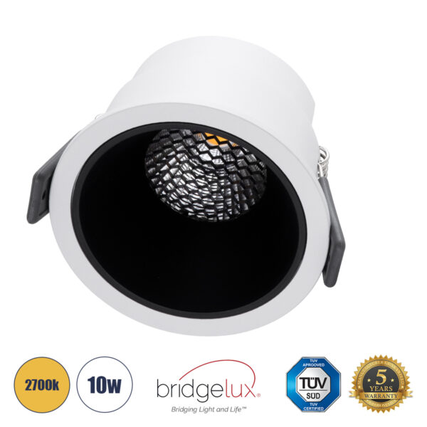 GloboStar® PLUTO-M 60253 Χωνευτό LED Spot Downlight TrimLess Φ8.4cm 10W 1250lm 38° AC 220-240V IP20 Φ8.4 x Υ5.9cm - Στρόγγυλο - Λευκό με Μαύρο Κάτοπτρο & Anti-Glare HoneyComb - Θερμό Λευκό 2700K - Bridgelux COB - 5 Years Warranty