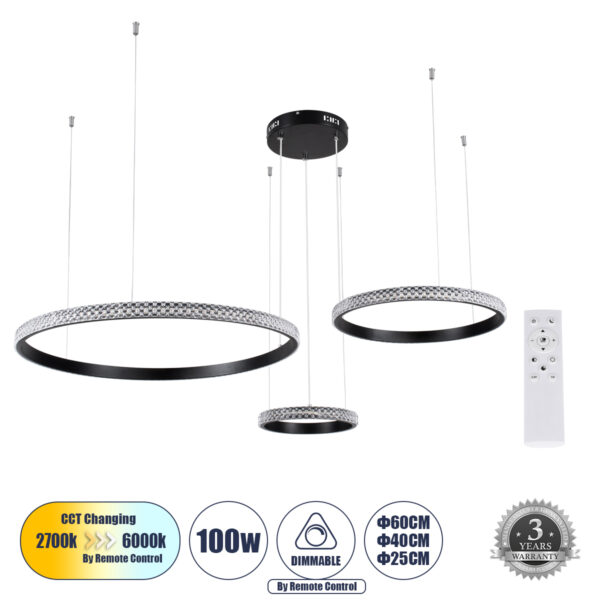 GloboStar® DIAMOND TRIO 61142 Κρεμαστό Φωτιστικό Δαχτυλίδι-Κύκλος LED CCT 100W 12123lm 360° AC 220-240V - Εναλλαγή Φωτισμού μέσω Τηλεχειριστηρίου All In One Ψυχρό 6000k+Φυσικό 4500k+Θερμό 2700k Dimmable Φ25+40+60cm - Μαύρο - 3 Years Warranty