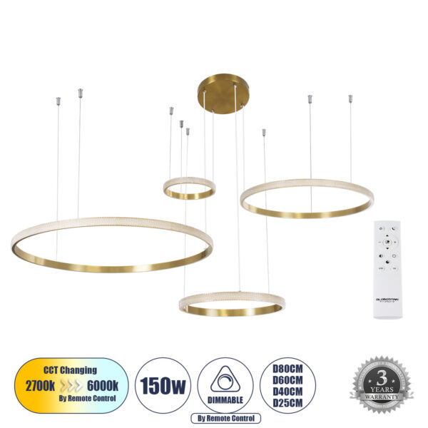 GloboStar® DIAMOND TETRA 61149 Κρεμαστό Φωτιστικό Δαχτυλίδι-Κύκλος LED CCT 150W 18379lm 360° AC 220-240V - Εναλλαγή Φωτισμού μέσω Τηλεχειριστηρίου All In One Ψυχρό 6000k+Φυσικό 4500k+Θερμό 2700k Dimmable Φ25+40+60+80cm - Χρυσό Βούρτσας - 3 Years Warranty