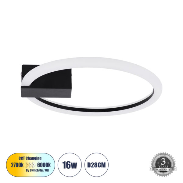 GloboStar® CINDERELLA 60976 Φωτιστικό Οροφής Δαχτυλίδι-Κύκλος LED CCT 16W 1792lm 360° AC 220-240V - Εναλλαγή Φωτισμού μέσω Διακόπτη On/Off All In One Ψυχρό 6000k+Φυσικό 4500k+Θερμό 2700k Φ28cm - Μαύρο - 3 Years Warranty