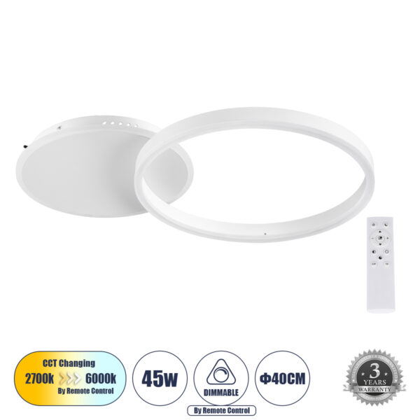 GloboStar® VENOM 61118 Φωτιστικό Οροφής Δαχτυλίδι-Κύκλος LED CCT 45W 5445lm 360° AC 220-240V - Εναλλαγή Φωτισμού μέσω Τηλεχειριστηρίου All In One Ψυχρό 6000k+Φυσικό 4500k+Θερμό 2700k Dimmable Φ40cm+BackLight - Λευκό - 3 Years Warranty