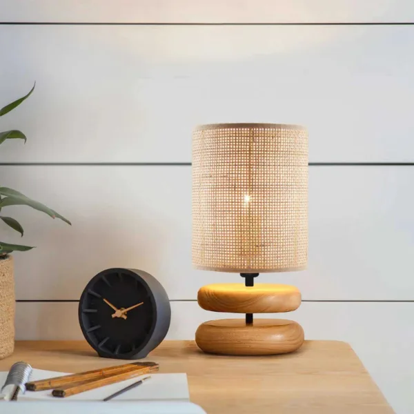 GloboStar® KLOO 204-0143 Boho Eπιτραπέζιο Φωτιστικό Μονόφωτο 1 x E27 IP20 Καφέ Ξύλο με Μπεζ Διάτρτητο Ύφασμα - Μ15 x Π15 x Υ35cm - Image 3