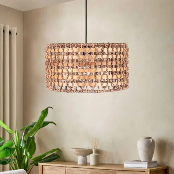 GloboStar® POMEGRANDE 204-0158 Boho Κρεμαστό Φωτιστικό Kαπέλο Μονόφωτο 1 x E27 IP20 Μπεζ Rattan με Καφέ Ξυλο - Μ30 x Π30 x Υ16cm - Image 3