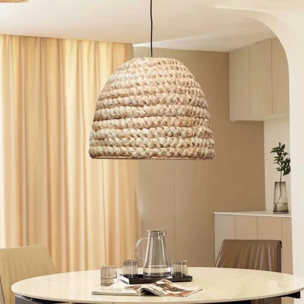 GloboStar® MEKA 204-0163 Boho Κρεμαστό Φωτιστικό Καμπάνα Μονόφωτο 1 x E27 IP20 Μπεζ Rattan - Μ30 x Π30 x Υ25cm - Image 3