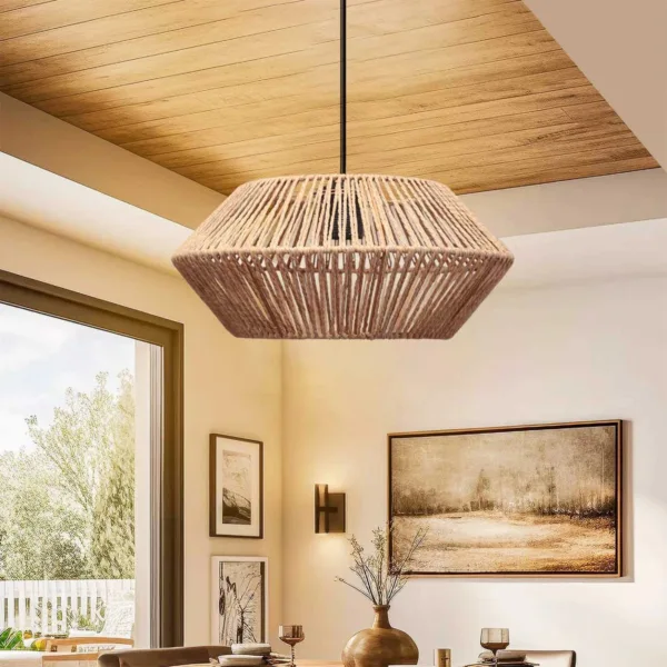 GloboStar® CASTRO 204-0164 Boho Κρεμαστό Φωτιστικό Kαπέλο Μονόφωτο 1 x E27 IP20 Μπεζ Σχοινί - Μ31 x Π31 x Υ26cm - Image 3
