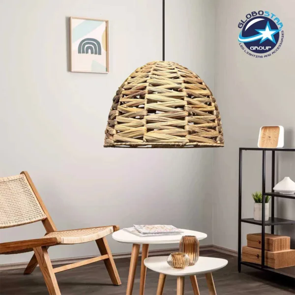 GloboStar® MEKA 204-0165 Boho Κρεμαστό Φωτιστικό Καμπάνα Μονόφωτο 1 x E27 IP20 Μπεζ Rattan - Μ30 x Π30 x Υ25cm - Image 3