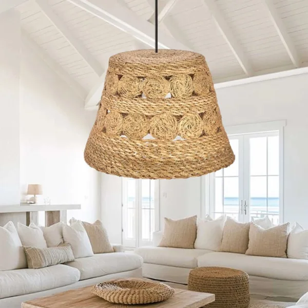GloboStar® PANIER 204-0171 Boho Κρεμαστό Φωτιστικό Καμπάνα Μονόφωτο 1 x E27 IP20 Μπεζ Σχοινί - Μ32 x Π32 x Υ30cm - Image 3