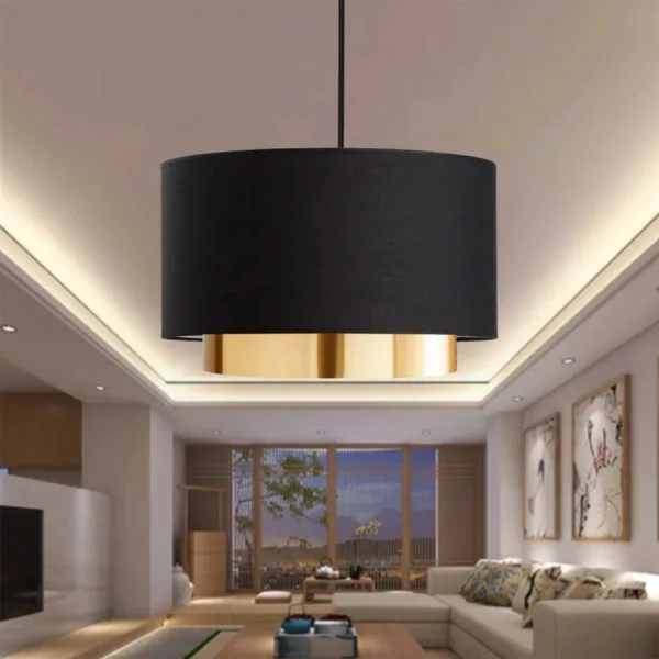 GloboStar® BASIL 204-0174 Μοντέρνο Κρεμαστό Φωτιστικό Kαπέλο Μονόφωτο 1 x E27 IP20 Μαύρο & Χρυσό Ύφασμα - Μ30 x Π30 x Υ20cm - Image 3