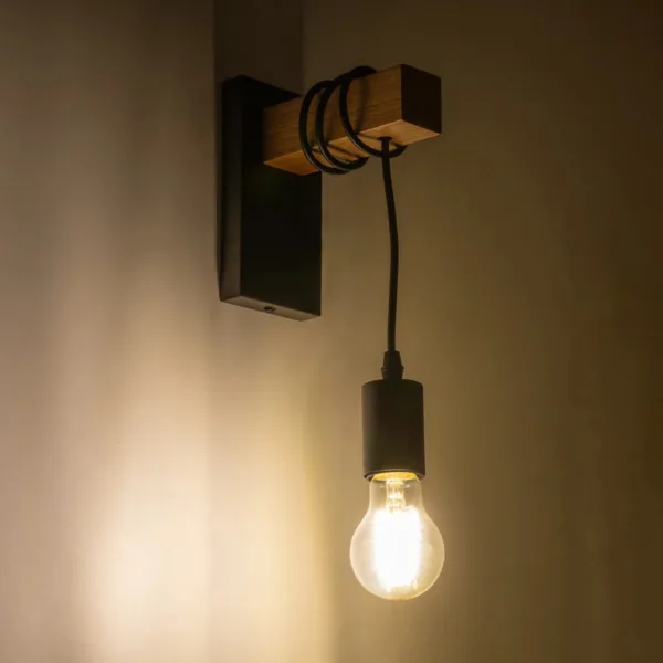 GloboStar® KELA 00880 Μοντέρνο Επιτοίχιο Φωτιστικό Απλίκα Μονόφωτο 1 x E27 IP20 Μαύρο Μέταλλο με Μπεζ Ξύλο - Μ6.5 x Π18 x Υ30cm - Image 2