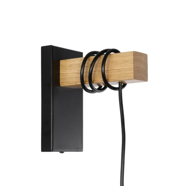 GloboStar® KELA 00880 Μοντέρνο Επιτοίχιο Φωτιστικό Απλίκα Μονόφωτο 1 x E27 IP20 Μαύρο Μέταλλο με Μπεζ Ξύλο - Μ6.5 x Π18 x Υ30cm - Image 5