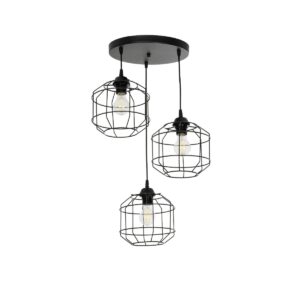 GloboStar® RAYNO 201-0108 Vintage Κρεμαστό Φωτιστικό Πλέγμα Τρίφωτο 3 x E27 IP20 Μαύρο Μέταλλο - Μ40 x Π40 x Υ60cm