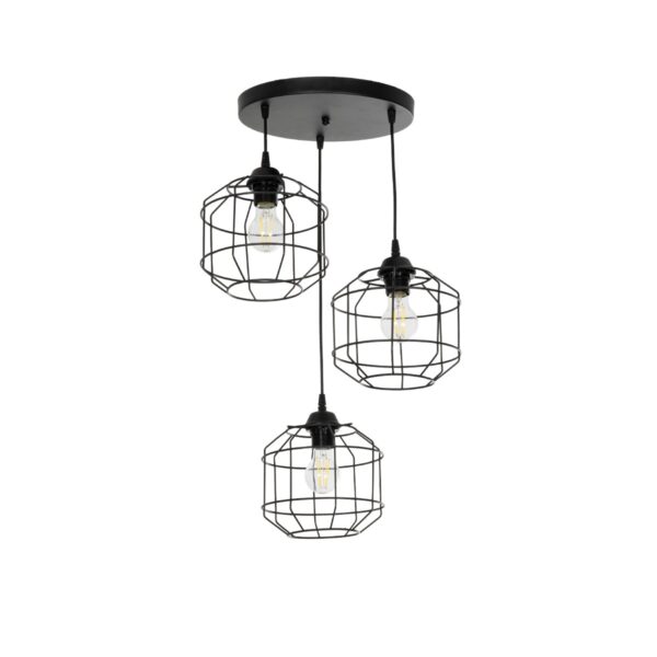 GloboStar® RAYNO 201-0108 Vintage Κρεμαστό Φωτιστικό Πλέγμα Τρίφωτο 3 x E27 IP20 Μαύρο Μέταλλο - Μ40 x Π40 x Υ60cm