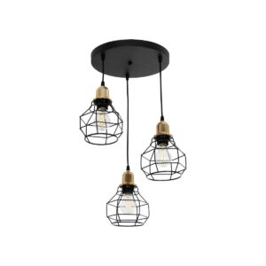 GloboStar® NOVARAY 201-0083 Vintage Κρεμαστό Φωτιστικό Πλέγμα Τρίφωτο 3 x E27 IP20 Μαύρο Μέταλλο - Μ33 x Π33 x Υ75cm