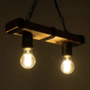 GloboStar® GLISTER 201-0002 Vintage Κρεμαστό Φωτιστικό Ράγα Δίφωτο 2 x E27 IP20 Μπεζ Ξύλο με Μαύρο Σχοινί - Μ40 x Π10 x Υ65cm