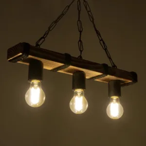 GloboStar® GLISTER 201-0003 Vintage Κρεμαστό Φωτιστικό Ράγα Τρίφωτο 3 x E27 IP20 Μπεζ Ξύλο με Μαύρο Σχοινί - Μ50 x Π10 x Υ65cm