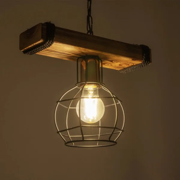 GloboStar® STARLO 201-0004 Vintage Κρεμαστό Φωτιστικό Ράγα Μονόφωτο 1 x E27 IP20 Μπεζ Ξύλο με Μαύρο Μέταλλο - Μ30 x Π15 x Υ60cm - Image 2