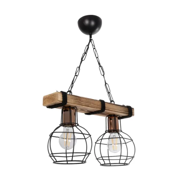 GloboStar® STARLO 201-0005 Vintage Κρεμαστό Φωτιστικό Ράγα Δίφωτο 2 x E27 IP20 Μπεζ Ξύλο με Μαύρο Μέταλλο - Μ40 x Π15x Υ65cm - Image 3