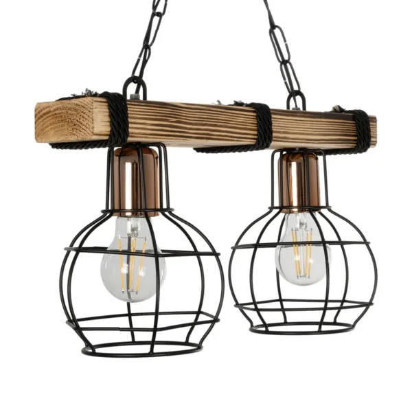 GloboStar® STARLO 201-0005 Vintage Κρεμαστό Φωτιστικό Ράγα Δίφωτο 2 x E27 IP20 Μπεζ Ξύλο με Μαύρο Μέταλλο - Μ40 x Π15x Υ65cm - Image 4