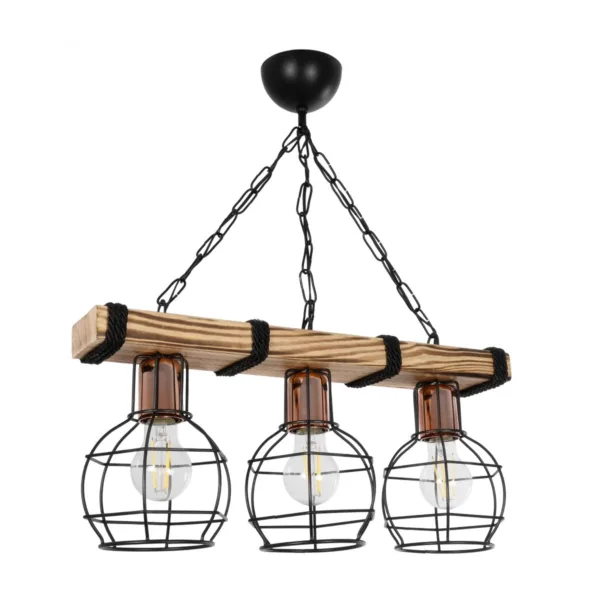 GloboStar® STARLO 201-0006 Vintage Κρεμαστό Φωτιστικό Ράγα Τρίφωτο 3 x E27 IP20 Μπεζ Ξύλο με Μαύρο Μέταλλο - Μ50 x Π15 x Υ65cm - Image 3