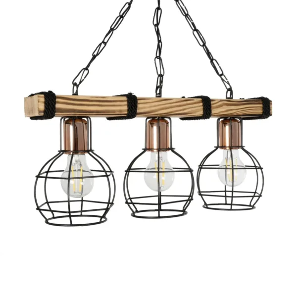 GloboStar® STARLO 201-0006 Vintage Κρεμαστό Φωτιστικό Ράγα Τρίφωτο 3 x E27 IP20 Μπεζ Ξύλο με Μαύρο Μέταλλο - Μ50 x Π15 x Υ65cm - Image 4