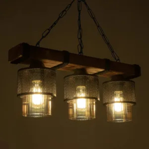 GloboStar® GLORA 201-0009 Vintage Κρεμαστό Φωτιστικό Ράγα Τρίφωτο 3 x E27 IP20 Μπεζ Ξύλο με Μαύρο Μέταλλο & Μελί Γυαλί - Μ50 x Π16 x Υ65cm
