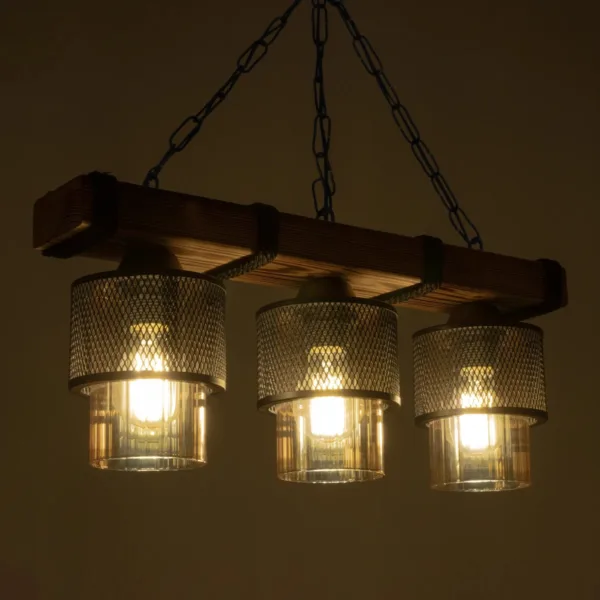 GloboStar® GLORA 201-0009 Vintage Κρεμαστό Φωτιστικό Ράγα Τρίφωτο 3 x E27 IP20 Μπεζ Ξύλο με Μαύρο Μέταλλο & Μελί Γυαλί - Μ50 x Π16 x Υ65cm - Image 2