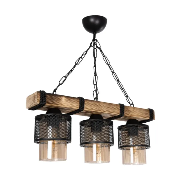 GloboStar® GLORA 201-0009 Vintage Κρεμαστό Φωτιστικό Ράγα Τρίφωτο 3 x E27 IP20 Μπεζ Ξύλο με Μαύρο Μέταλλο & Μελί Γυαλί - Μ50 x Π16 x Υ65cm - Image 3