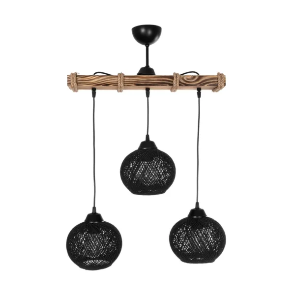 GloboStar® LUMA 201-0010 Vintage Κρεμαστό Φωτιστικό Ράγα Τρίφωτο 3 x E27 IP20 Μπεζ Ξύλο με Μαύρο Σχοινί - Μ50 x Π20 x Υ63cm - Image 2