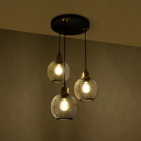 GloboStar® VIVIDUS 201-0020 Vintage Κρεμαστό Φωτιστικό Πλέγμα Τρίφωτο 3 x E27 IP20 Μαύρο και Χρυσό Μέταλλο - Μ32 x Π32 x Υ70cm - Image 2