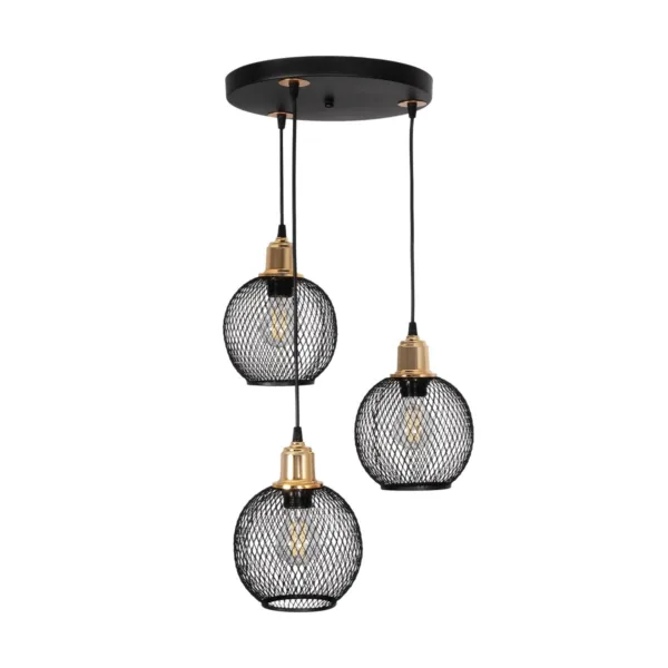 GloboStar® VIVIDUS 201-0020 Vintage Κρεμαστό Φωτιστικό Πλέγμα Τρίφωτο 3 x E27 IP20 Μαύρο και Χρυσό Μέταλλο - Μ32 x Π32 x Υ70cm - Image 3