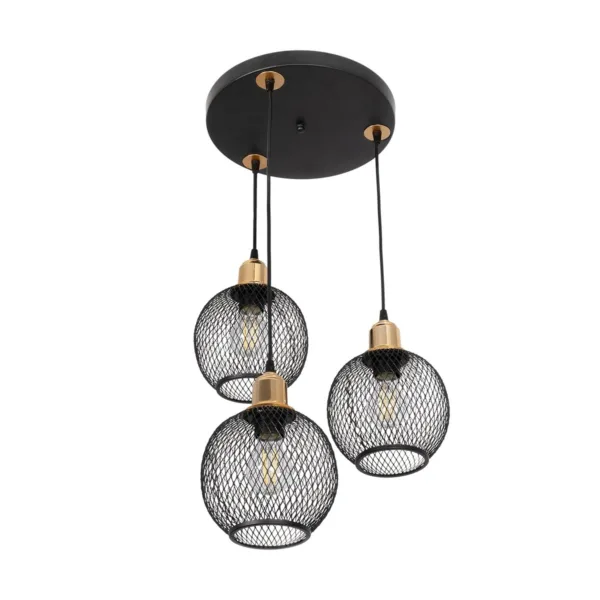 GloboStar® VIVIDUS 201-0020 Vintage Κρεμαστό Φωτιστικό Πλέγμα Τρίφωτο 3 x E27 IP20 Μαύρο και Χρυσό Μέταλλο - Μ32 x Π32 x Υ70cm - Image 4