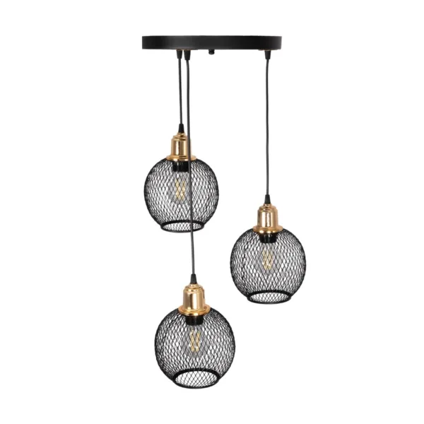 GloboStar® VIVIDUS 201-0020 Vintage Κρεμαστό Φωτιστικό Πλέγμα Τρίφωτο 3 x E27 IP20 Μαύρο και Χρυσό Μέταλλο - Μ32 x Π32 x Υ70cm - Image 5