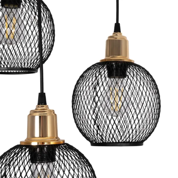 GloboStar® VIVIDUS 201-0020 Vintage Κρεμαστό Φωτιστικό Πλέγμα Τρίφωτο 3 x E27 IP20 Μαύρο και Χρυσό Μέταλλο - Μ32 x Π32 x Υ70cm - Image 6