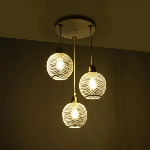 GloboStar® VIVIDUS 201-0021 Vintage Κρεμαστό Φωτιστικό Πλέγμα Τρίφωτο 3 x E27 IP20 Λευκό και Χρυσό Μέταλλο - Μ32 x Π32 x Υ70cm - Image 2