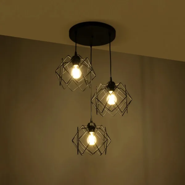 GloboStar® DAZLA 201-0024 Vintage Κρεμαστό Φωτιστικό Πλέγμα Τρίφωτο 3 x E27 IP20 Μαύρο Μέταλλο - Μ32 x Π32 x Υ70cm - Image 2