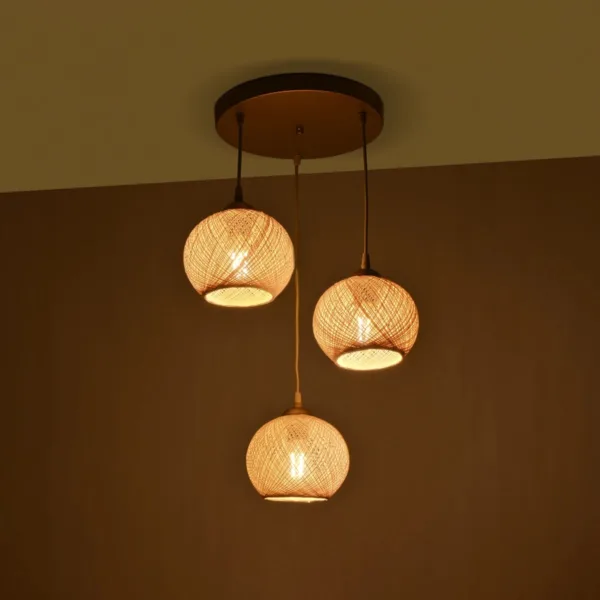 GloboStar® ILLUMIO 201-0027 Vintage Κρεμαστό Φωτιστικό Μπάλα Τρίφωτο 3 x E27 IP20 Χρυσό Μέταλλο με Μπεζ Σχοινί - Μ30 x Π30 x Υ70cm - Image 2