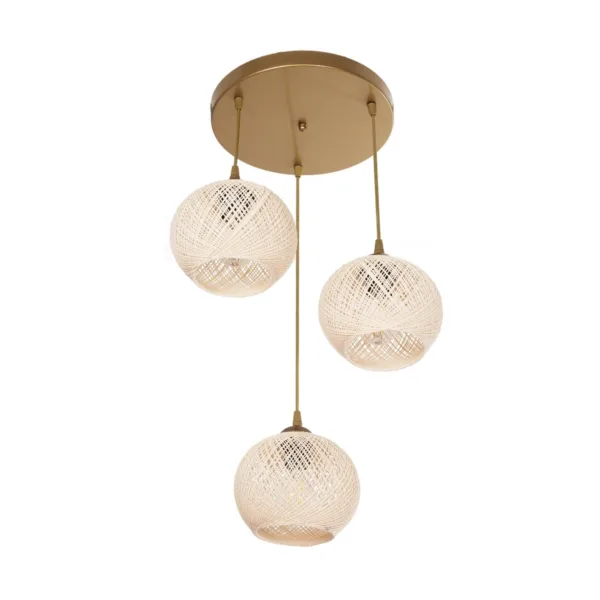 GloboStar® ILLUMIO 201-0027 Vintage Κρεμαστό Φωτιστικό Μπάλα Τρίφωτο 3 x E27 IP20 Χρυσό Μέταλλο με Μπεζ Σχοινί - Μ30 x Π30 x Υ70cm - Image 4