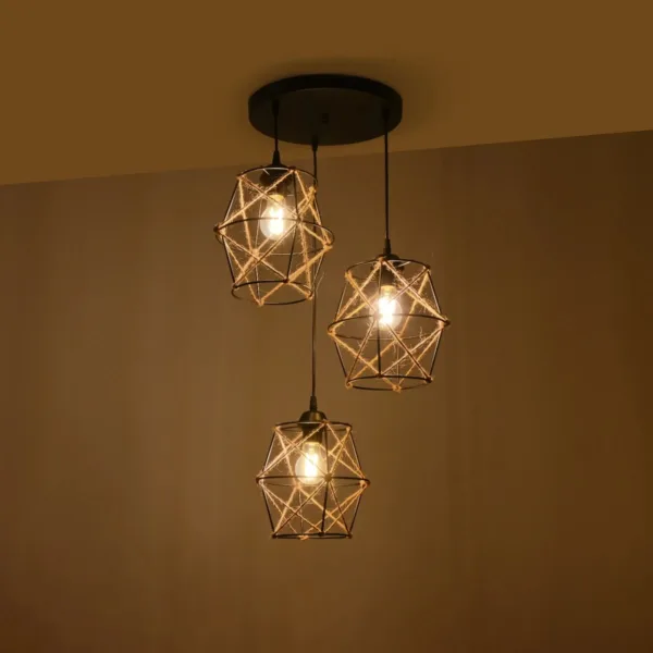 GloboStar® RAYLO 201-0048 Vintage Κρεμαστό Φωτιστικό Πλέγμα Τριφωτο 3 x E27 IP20 Mεταλλικό Μαύρο με Μπεζ Σχοινί - Μ30 x Π30 x Υ70cm - Image 2