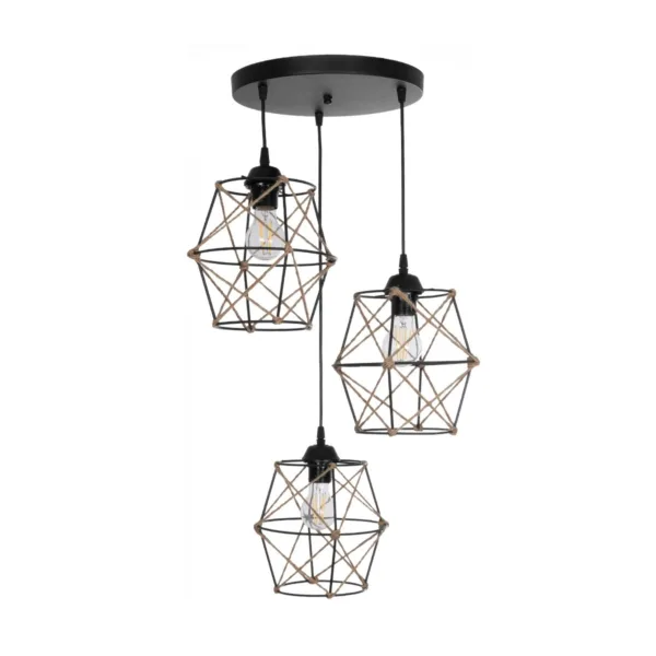 GloboStar® RAYLO 201-0048 Vintage Κρεμαστό Φωτιστικό Πλέγμα Τριφωτο 3 x E27 IP20 Mεταλλικό Μαύρο με Μπεζ Σχοινί - Μ30 x Π30 x Υ70cm - Image 3