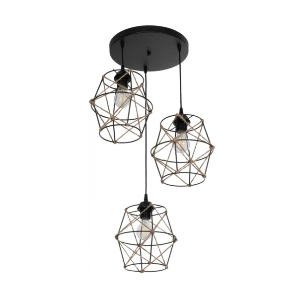 GloboStar® RAYLO 201-0048 Vintage Κρεμαστό Φωτιστικό Πλέγμα Τριφωτο 3 x E27 IP20 Mεταλλικό Μαύρο με Μπεζ Σχοινί - Μ30 x Π30 x Υ70cm - Image 4