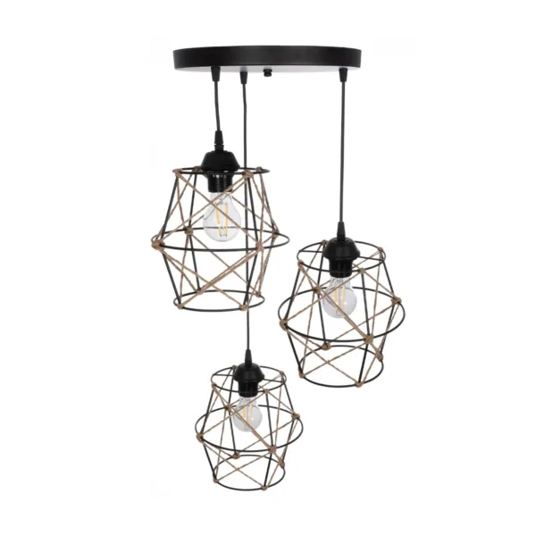 GloboStar® RAYLO 201-0048 Vintage Κρεμαστό Φωτιστικό Πλέγμα Τριφωτο 3 x E27 IP20 Mεταλλικό Μαύρο με Μπεζ Σχοινί - Μ30 x Π30 x Υ70cm - Image 5