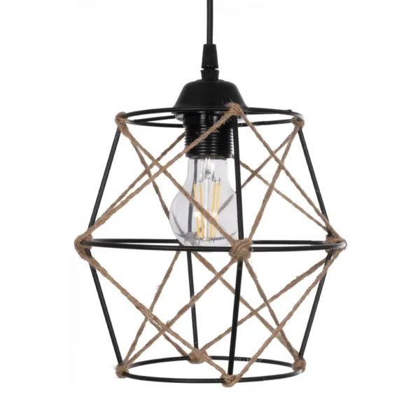GloboStar® RAYLO 201-0048 Vintage Κρεμαστό Φωτιστικό Πλέγμα Τριφωτο 3 x E27 IP20 Mεταλλικό Μαύρο με Μπεζ Σχοινί - Μ30 x Π30 x Υ70cm - Image 6